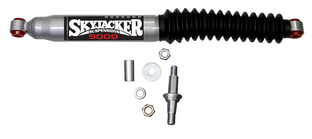 9009 – SKYJACKER Steering Stabilizer, Heavy Duty OEM Single Silver With Black Boot Mounts To OE Locations